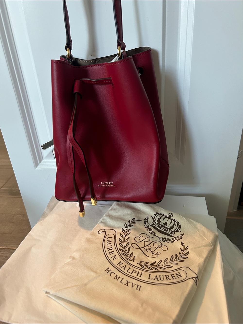 Ralph Lauren Burgundy Leather Drawstring Shoulder Bag